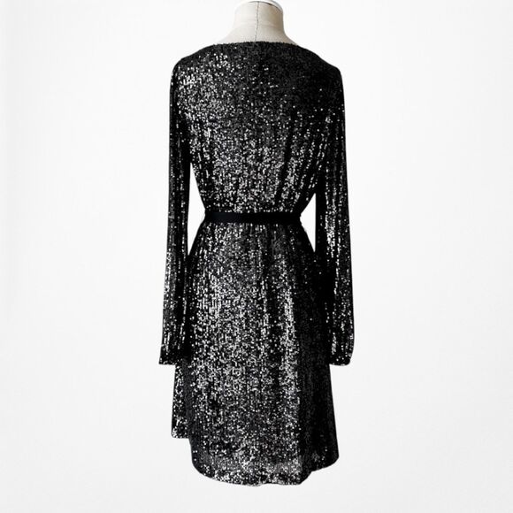 Vintage Y2K Black Long Sleeve Sequin Knee Length Tied Waist Dress Size M - Picture 5 of 7